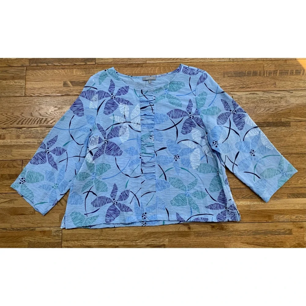 Habitat Cropped Nature Floral Bohemian Tunic Blouse Pleated Cozy Relaxed Earthy - Picture 2 of 9